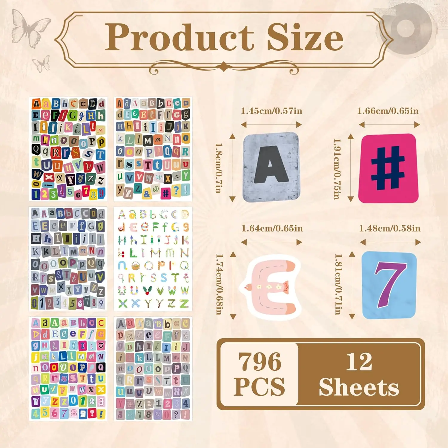 12/24 Sheets Vintage Letter Number Stickers, Self-adhesive Vinyl Letter Stickers, for Party Marking, Laptops, DIY Handicrafts