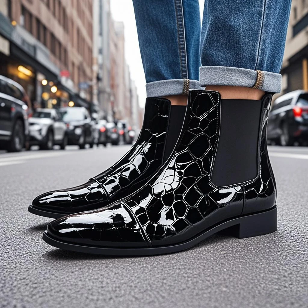 Spring Black crocodile patterned short boots  Fashion boots Square head Patent Leather Bare Chelsea Short  Men's Boots