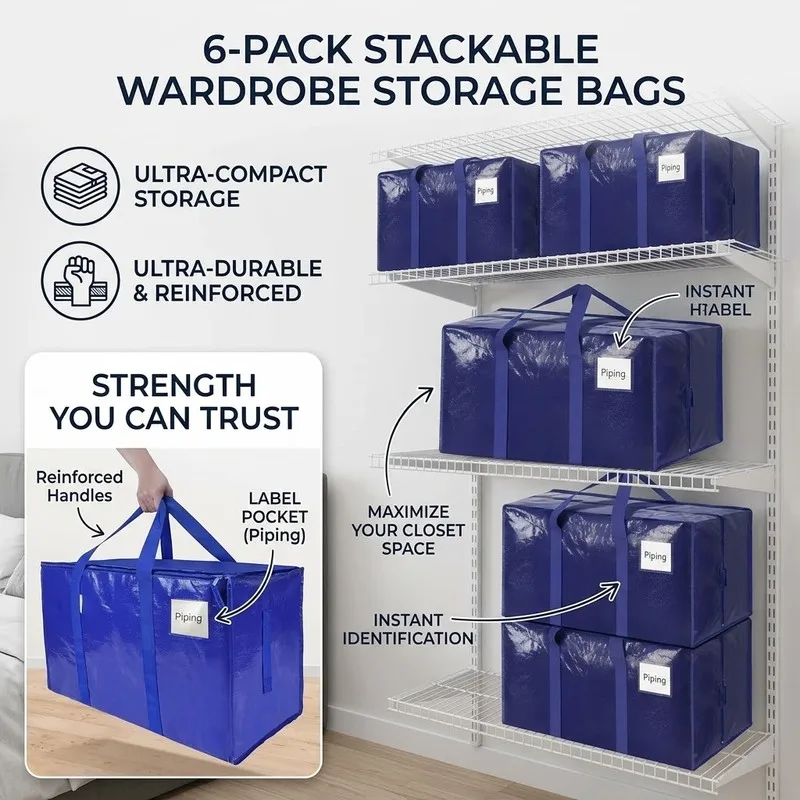 Christmas Stocking Stuffers 6 Pack Extra Large Heavy Duty Moving Bags with Zippers & Handles Durable Storage Closet Organizer