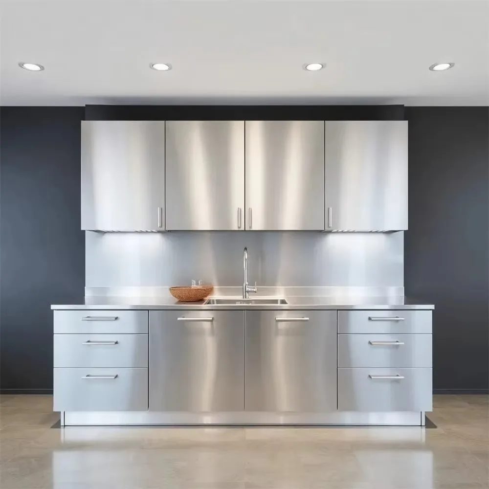 High-End Stainless Steel Kitchen Cabinet Rust-Proof Metal Texture Storage Moisture-Proof Modern Furniture for Home & Commercial