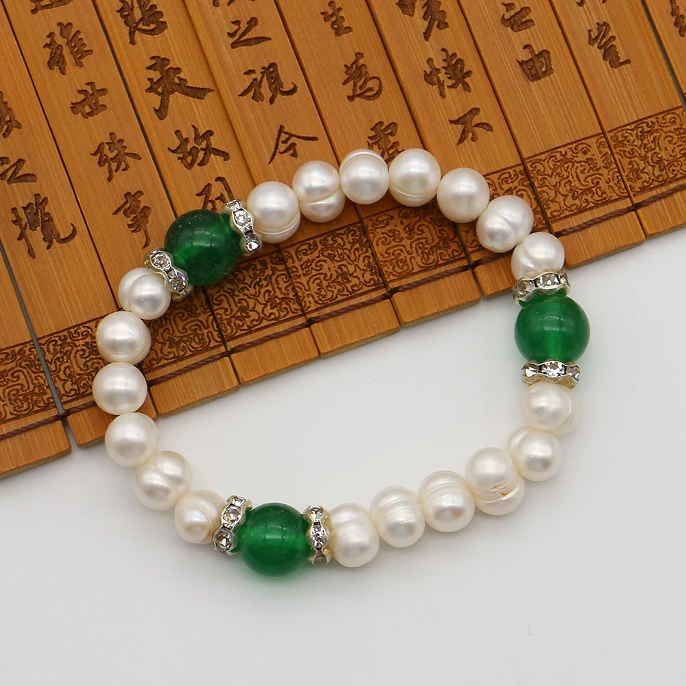 

Exquisite and Elegant Bracelet Jewelry Natural Green Jade Mixed with Twisted White Baroque Straight-Drilled Pearls Beads 8-9mm
