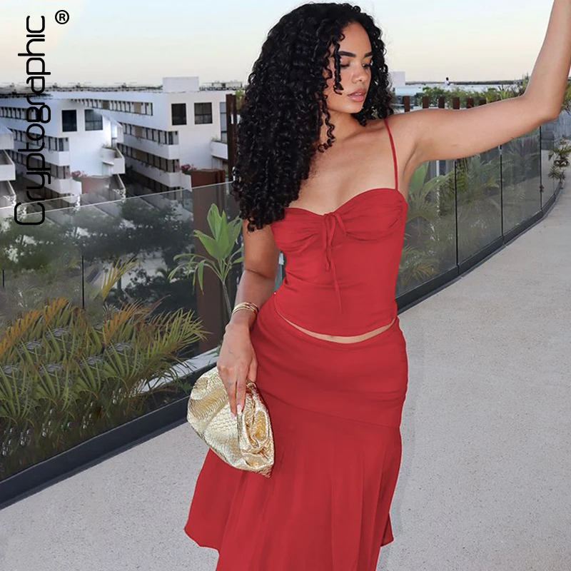 

Cryptographic Fashion Coquette Dress Sets Two-Piece Outfits for Women Midi Skirt Sexy Backless Camis Top Y2K Co-ords Sets Summer