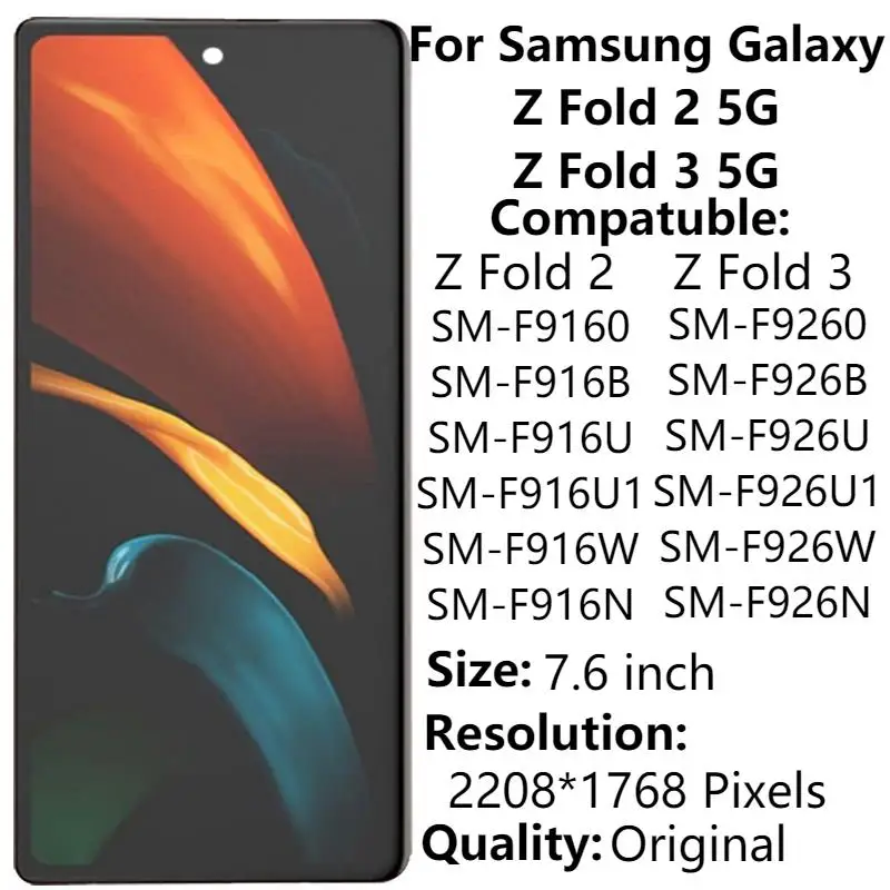 AMOLED For Samsung Galaxy Z Fold 2 5G F9160 F916B Z Fold 3 5G F9260 F926B LCD Display Touch Screen Digitizer Assembly Repair