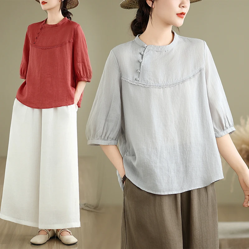 

Loose Women's Shirt round Neck Button up Five Sleeve Retro Design Summer New Style Original Design Unbranded Casual Fashion