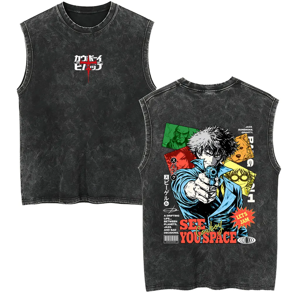 Anime Cowboy Bebop Vintage Washed Tank Tops Manga Spike Spiegel See You Space Cowboy Sleeveless Vest Men Women Fashion T-shirt