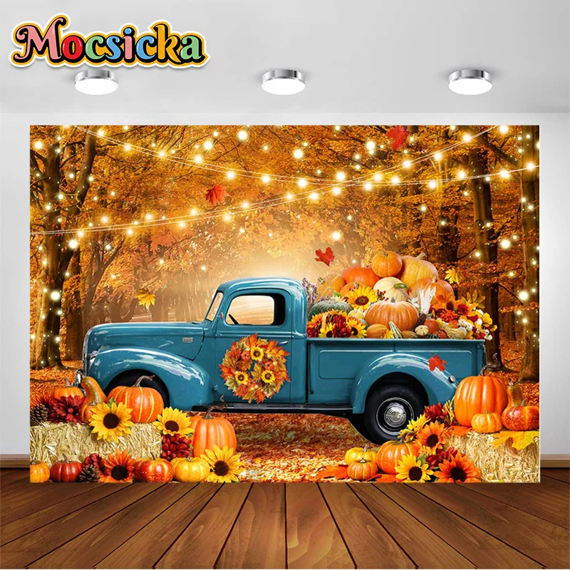 

Harvest Truck Backdrop Fall Forest Maple Leaves Photography Background Pumpkin Thanksgiving Baby Shower Birthday Party Supplies