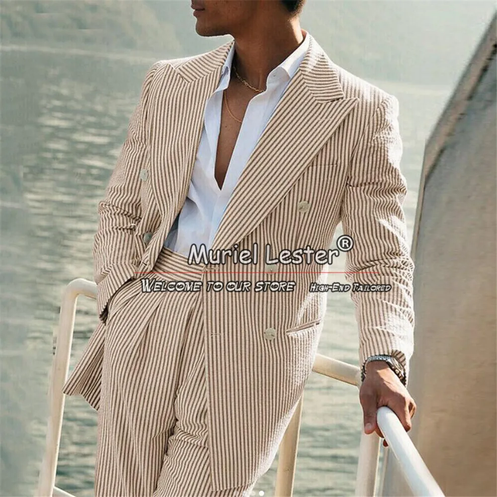 Summer Business Suit Men Double Breasted Jacket Pants 2 Pieces Groom Wedding Tuxedos Customized Striped Pattern Notch Lapel Coat