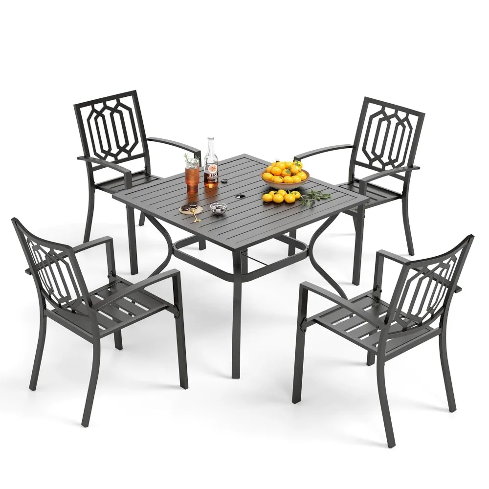 

5 Pieces Outdoor Dining Set for 4, 37” Black Square Wrought Iron Table with Umbrella Hole & Stackable Chairs, Customized