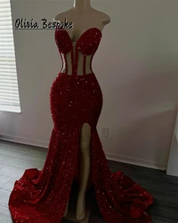 Sparkly Red Sequin Prom Dresses Lace-up Sweetheart Split African Wedding Gowns Mermaid Birthday Dress Luxury 2024 Customized