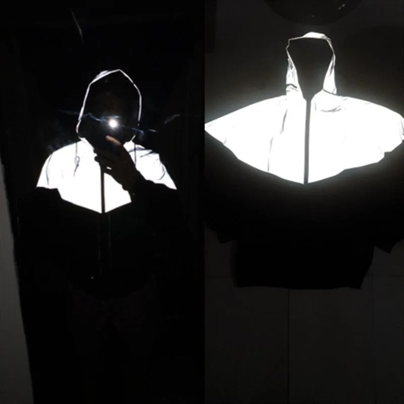 Men Hooded Reflective Jacket Light Up Patchwork Windbreaker Spring Autumn Thin Coat Cycling Running Sportswear Outdoor Jogging