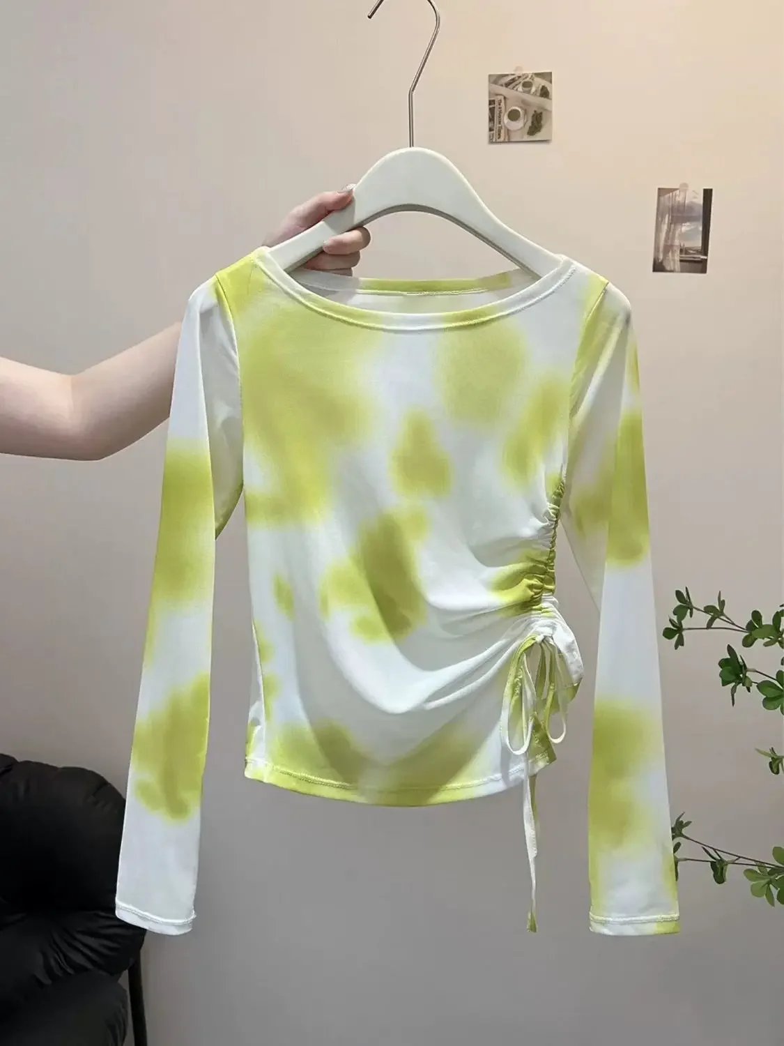 

Женская футболка с завязками на талии для похудения, маленький топ, дизайнерская футболка, летняя сетчатая рубашка с длинными рукавами и допамином с эффектом омбре, солнцезащитная рубашка