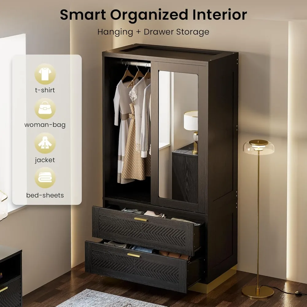 خزانة ملابس حديثة بطول 71 بوصة ببابين مع مرآة، أبواب منزلقة، درجين، قضيب تعليق