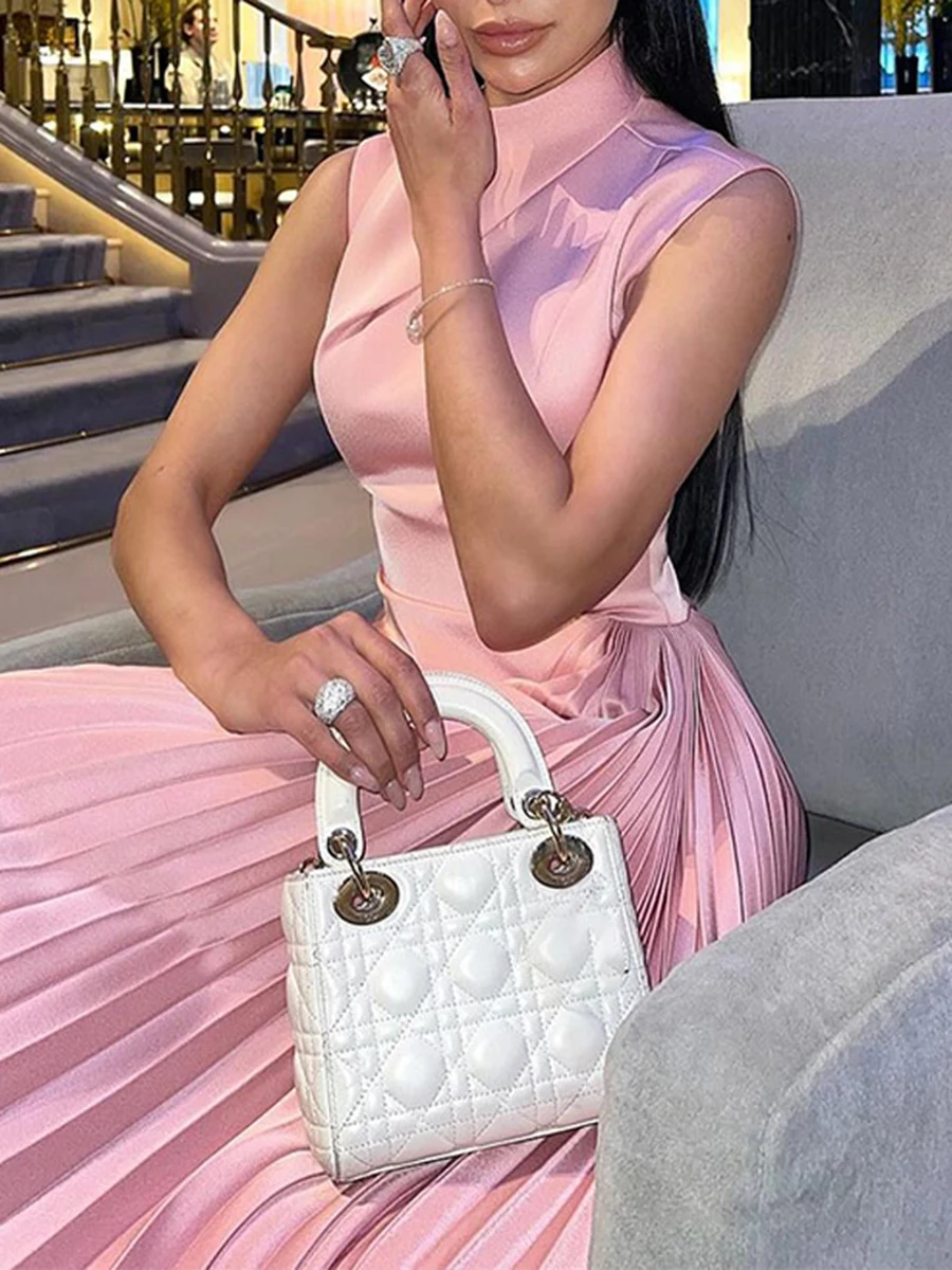 VGH Solid Spliced Folds Elegant Long Dresses For Women Stand Collar Sleeveless High Waist Temperament Dress Female Fashion New