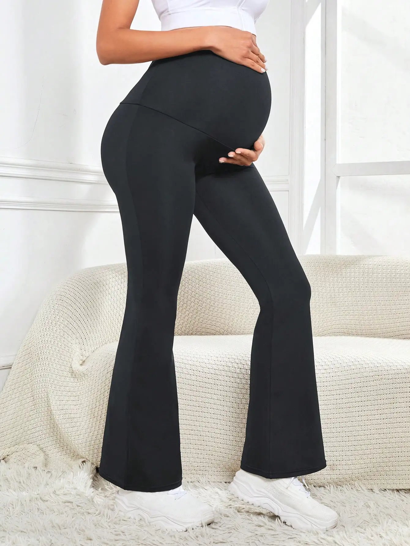 Women High Waist Maternity Flare Pants Over Belly Yoga Leggings Pregnancy Activewear 4 Way Stretch Breathable