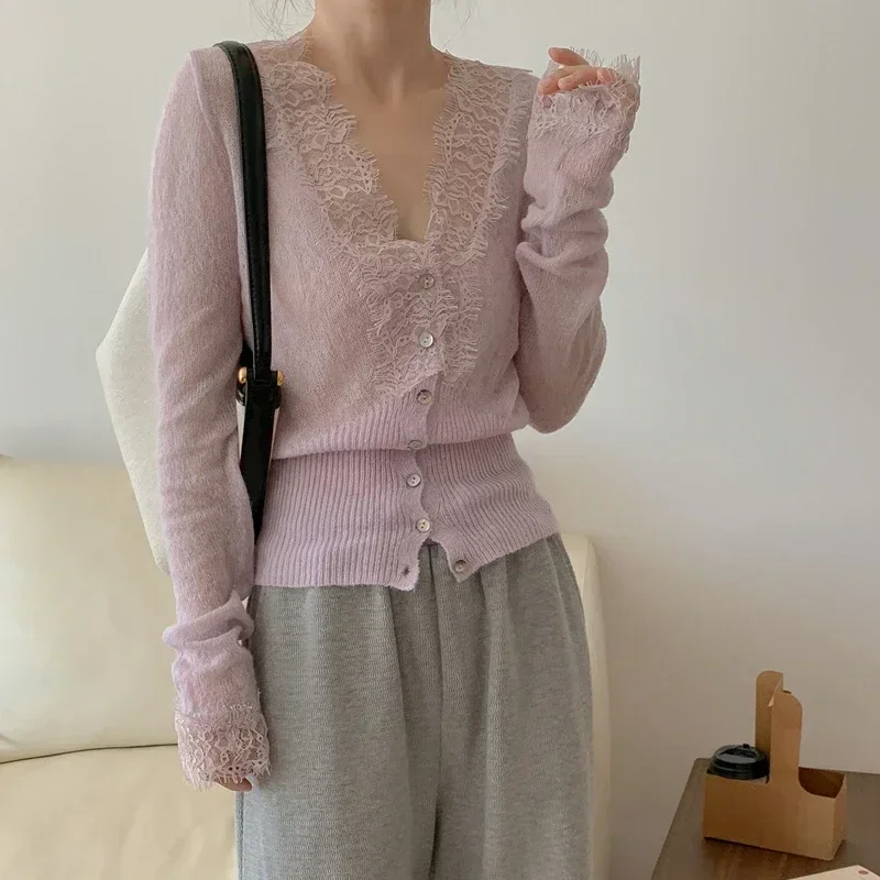 Seoulish Vintage Spitze gestrickte Strickjacken für Frauen 2024 neue Herbst Winter solide lässig schlanke koreanische Stil Damen Tops weiblich