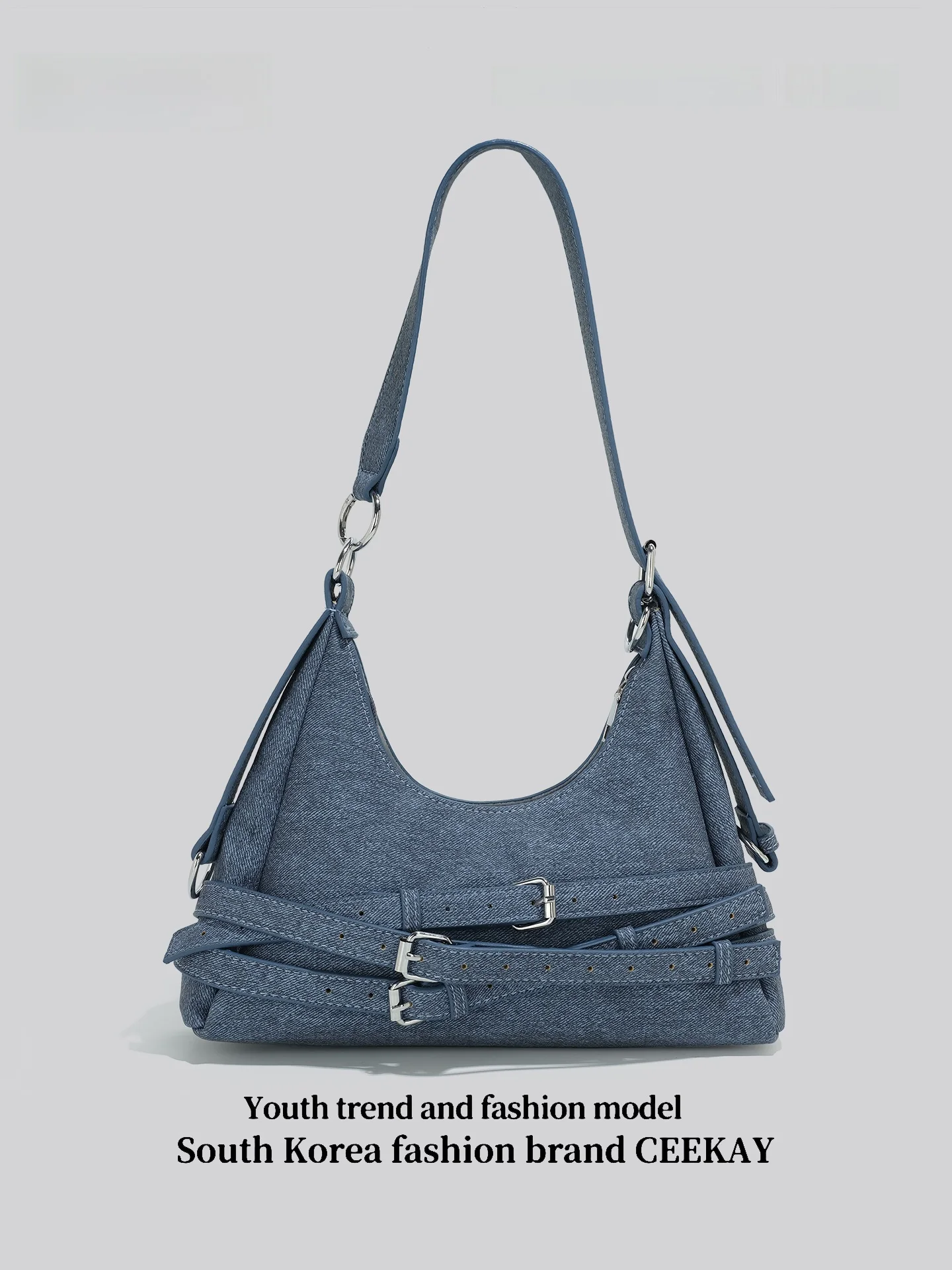 Ceekay Original Women's Underarm Bag 2026 New Autumn Winter Denim Blue Commuter Bag Belt Decorated Single Shoulder Bag