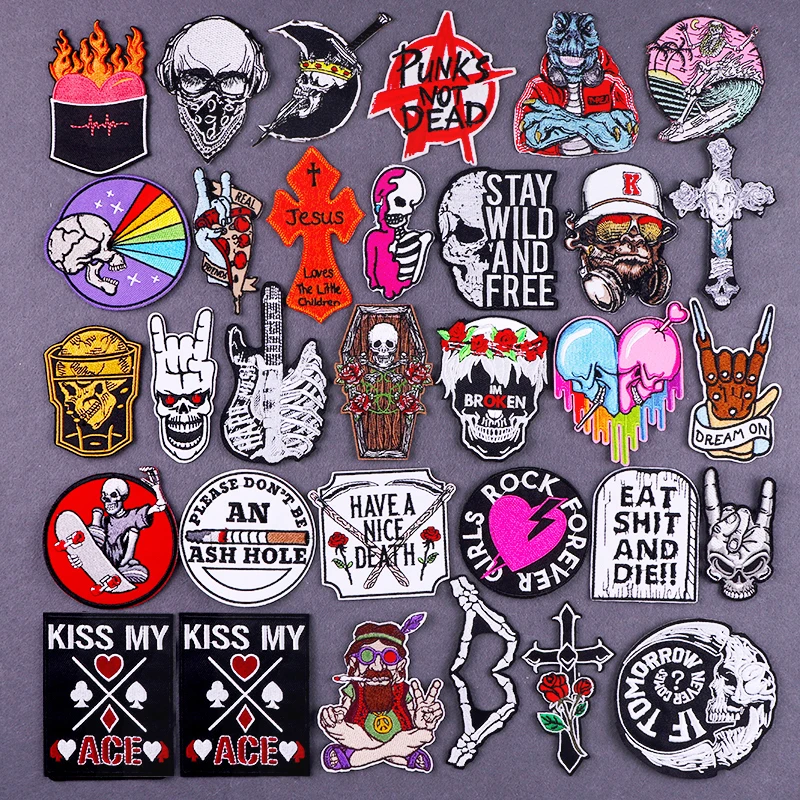 

Punk Skull Embroidered Patches For Clothing Thermoadhesive Patches Hippie Patch Iron On Patches On Clothes Stickers Badges