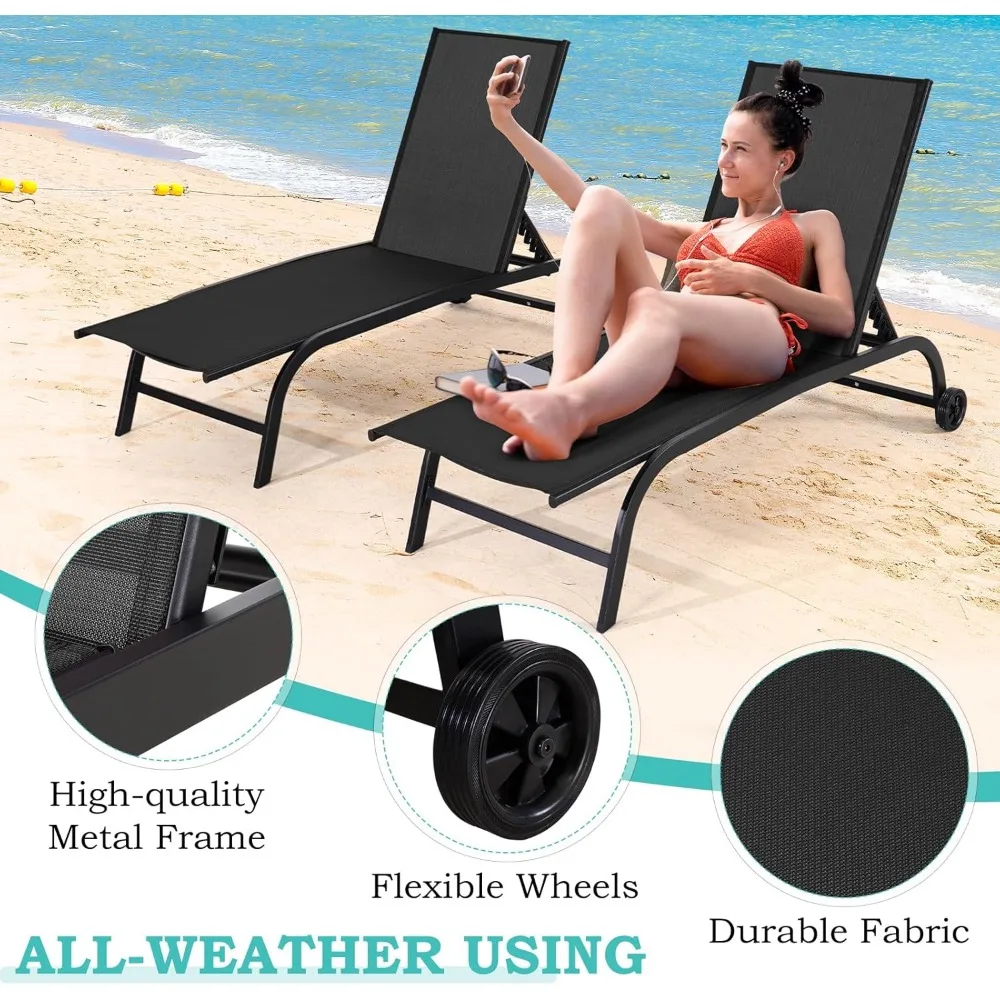 طقم كراسي صالة خارجية كبيرة الحجم مكون من قطعتين مع مسند ظهر قابل للتعديل، مقاومة للماء، بعجلات لسهولة الحركة #3