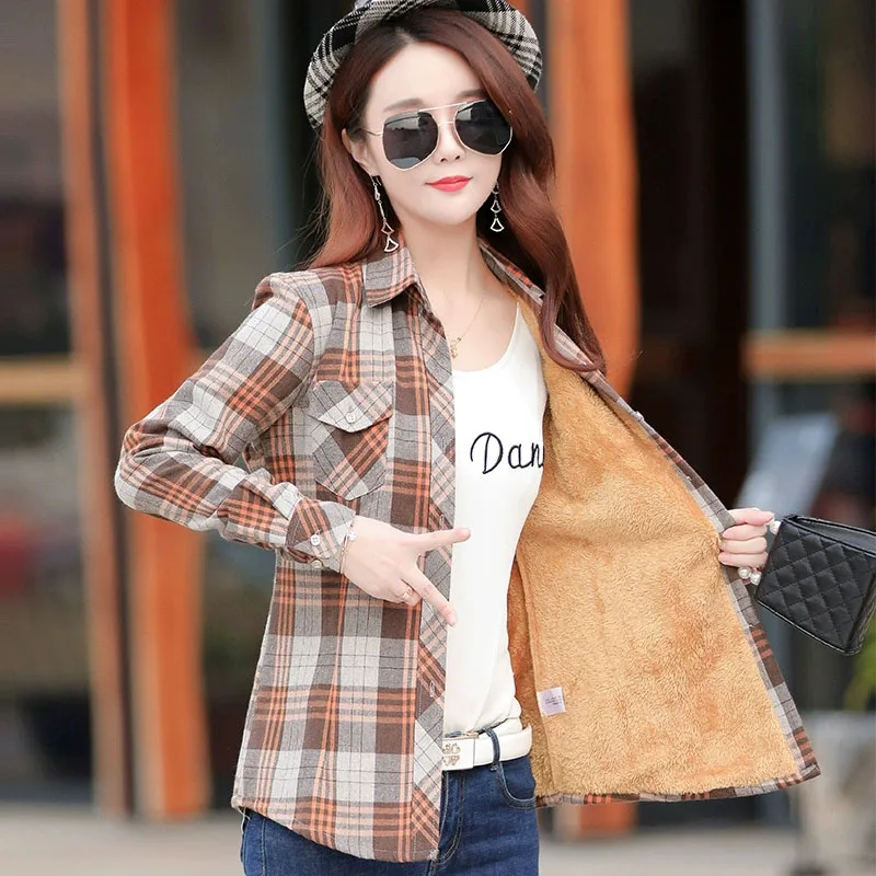 한국 슬림핏 두꺼운 겨울 셔츠 여성 다용도 레트로 긴팔 체크 블라우스 우아한 플러스 벨벳 오피스 레이디 셔츠