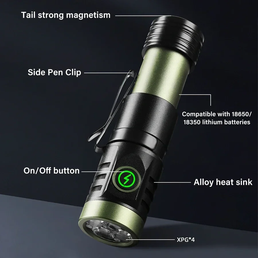 2000LM 4XPG LED Flashlight USB Rechargeable Portable Torch with 18650 Battery Strong Tail Magnet Outdoor Camping Fishing Lantern