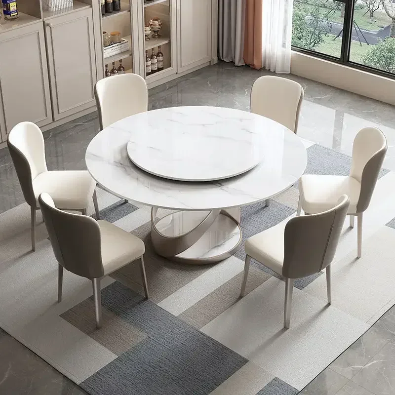&Round Rock Plate Tables Dining Table Rose Gold Brushed Stainless Steel Rotary Sintered Stone Hotel Mesa De Comedor Marble White