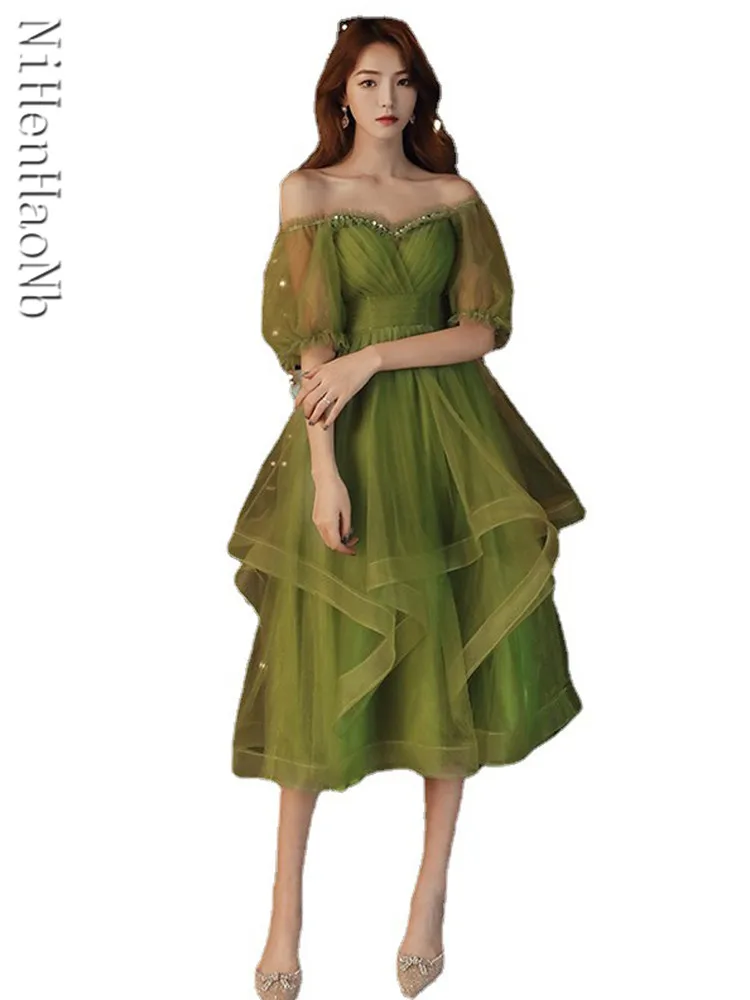 

Green Puff Sleeve Evening Dress 2023 New Retro Fairy Sexy Quinceanera Dresses Performance Party Dresses