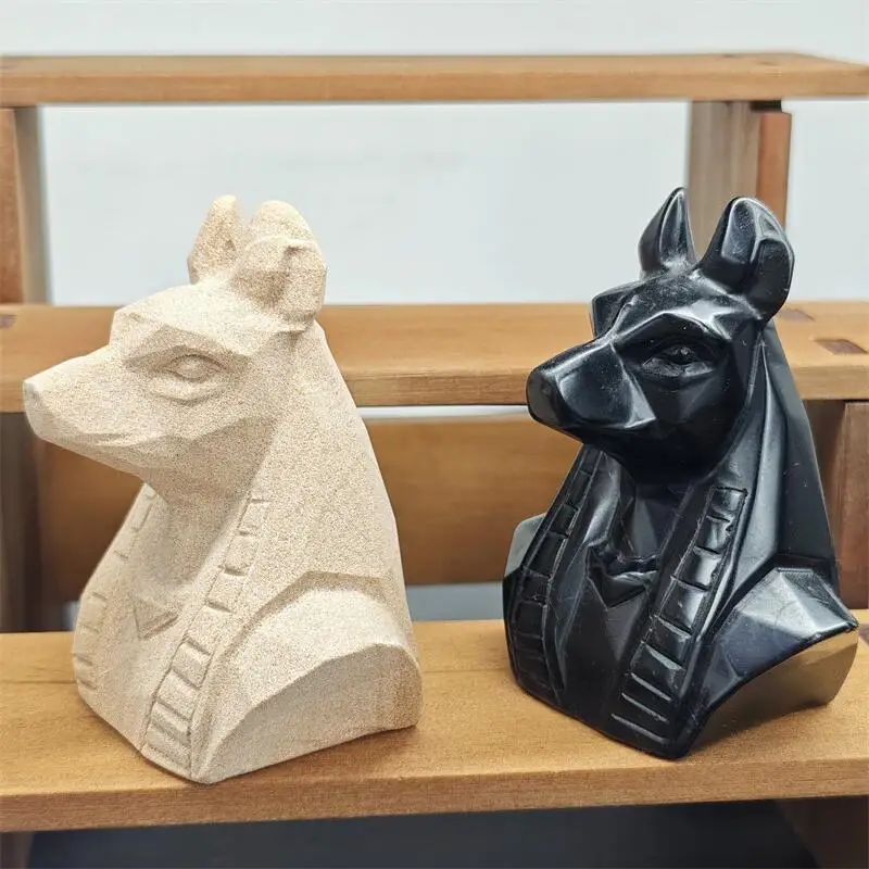 Natural Sandstone Black Obsidian Anubis Carving Crystal Love Healing Fengshui Stone Gemstones Home Decoration Holiday Gift 1PCS