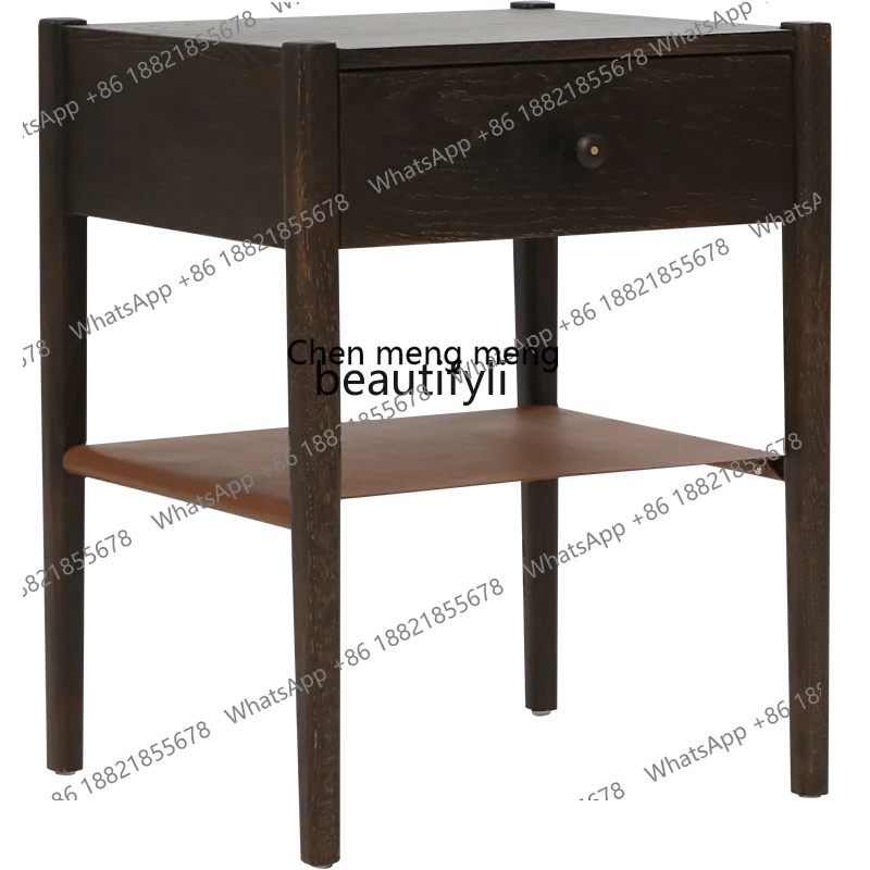 

Modern Minimalist Nordic Style Retro Chinese Oak Leather Small Apartment Single-Drawer Bedside Table Living Room Furniture