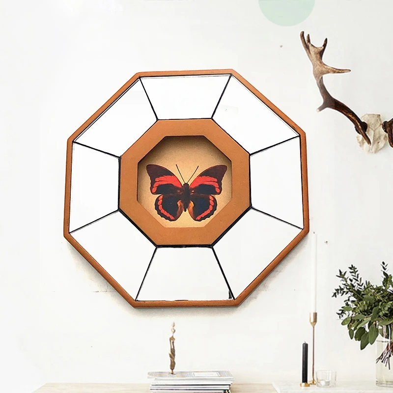 Nordic style octagonal mirror convex butterfly pattern hanging mirror