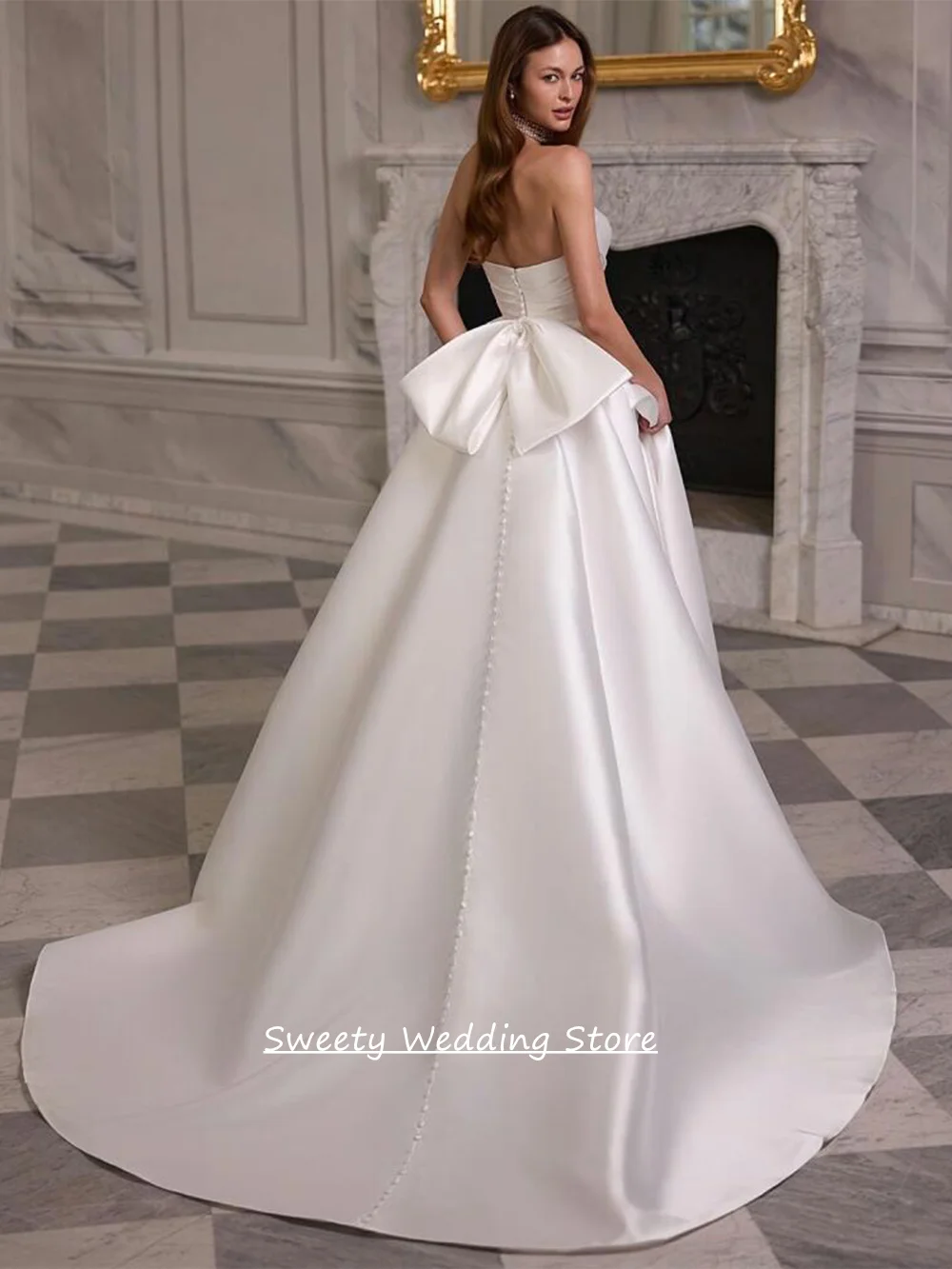 Modern Simple Wedding Dress Customized Small V Neck Pleat Back Zipper Buttons Bow Sweep Train Satin Bridal Gown for Bride