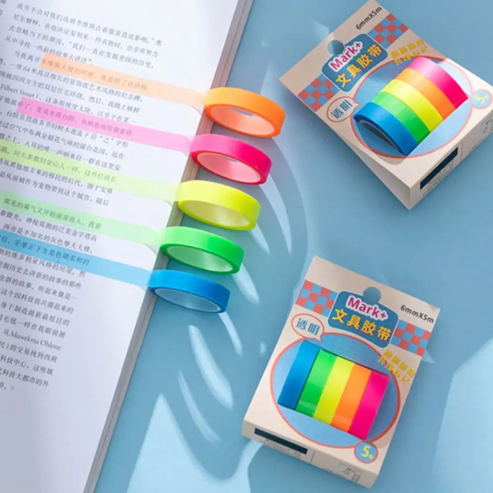 Transparent Highlighter Sticker Practical 5 Rolls Adhesive Fluorescent Index Tabs PET Sticker Roll DIY Scrapingbook