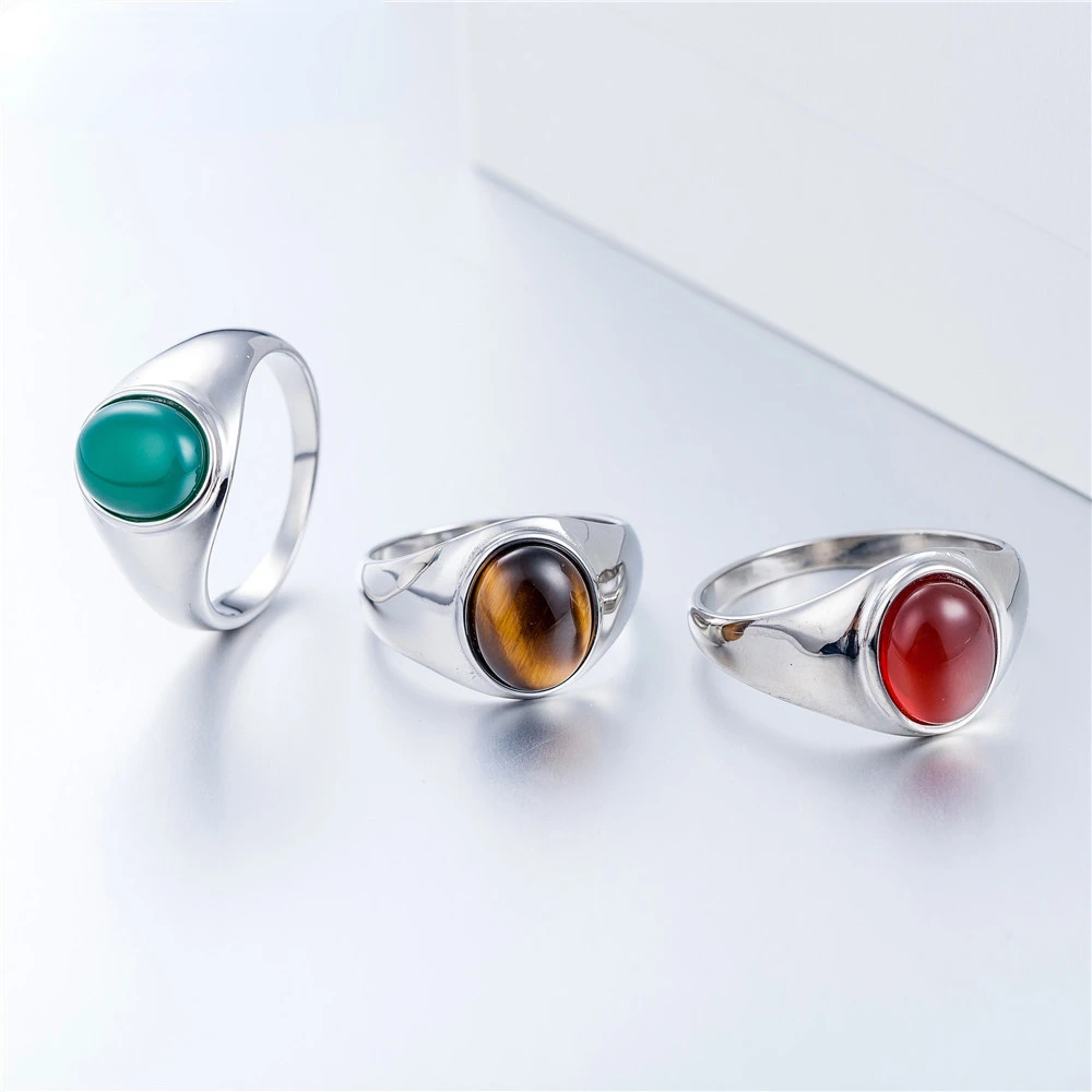 Megin D Stainless Steel Titanium Simple Style Cat Eyes Color Stone Hip Hop Vintage Rings for Men Women Couple Gift Fashion Jewel