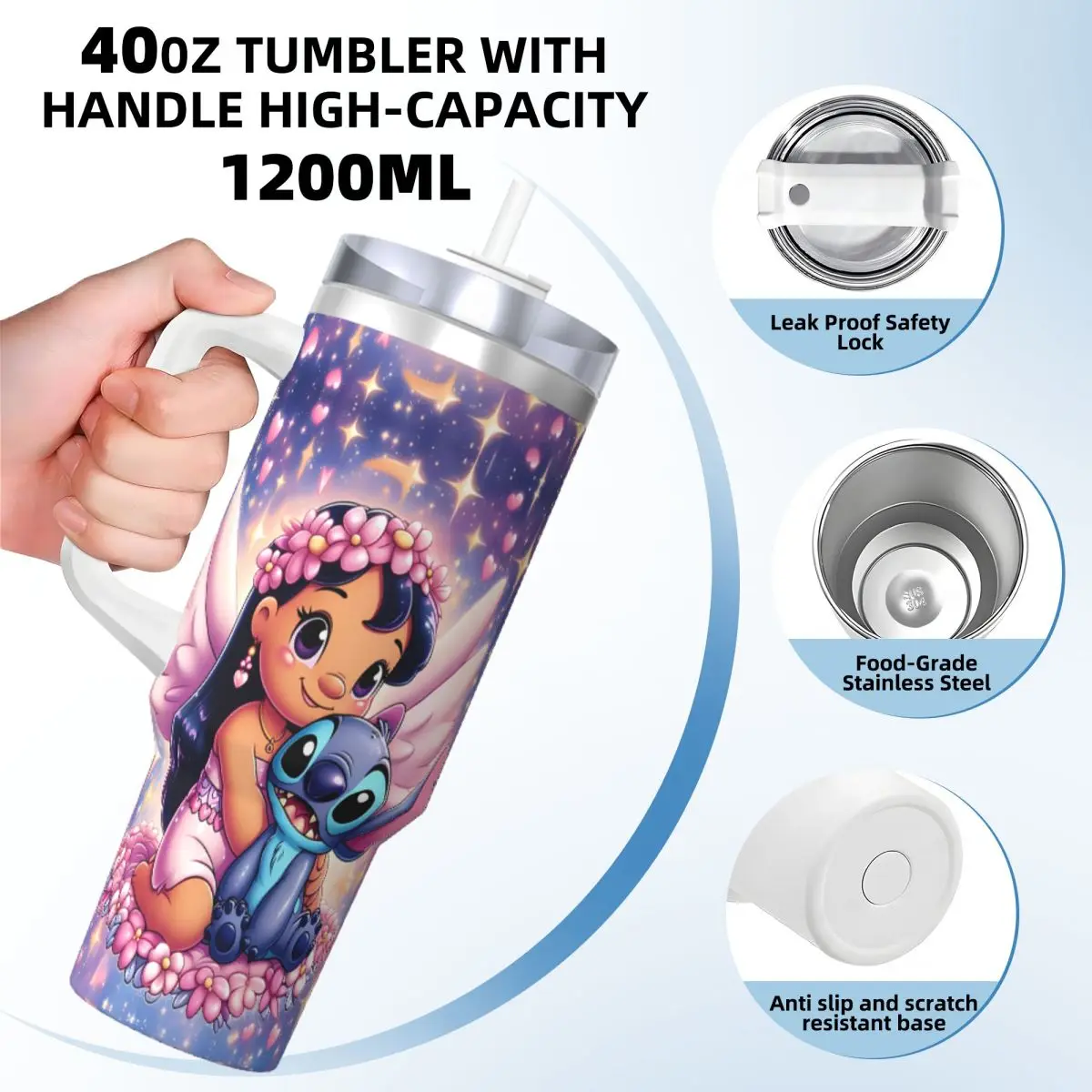 Stitch Stainless Steel Tumbler Camping Car Mugs 40oz Thermal Mug Keep Heat Cold and Hot Milk Tea Water Bottle