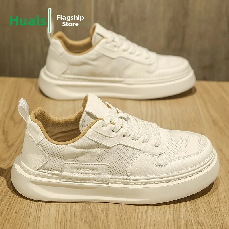 Men's Summer Breathable Casual Shoes Trendy All-Match Thick Bottom Heightening White Sneakers Korean Style Outdoor Leisure Fo...