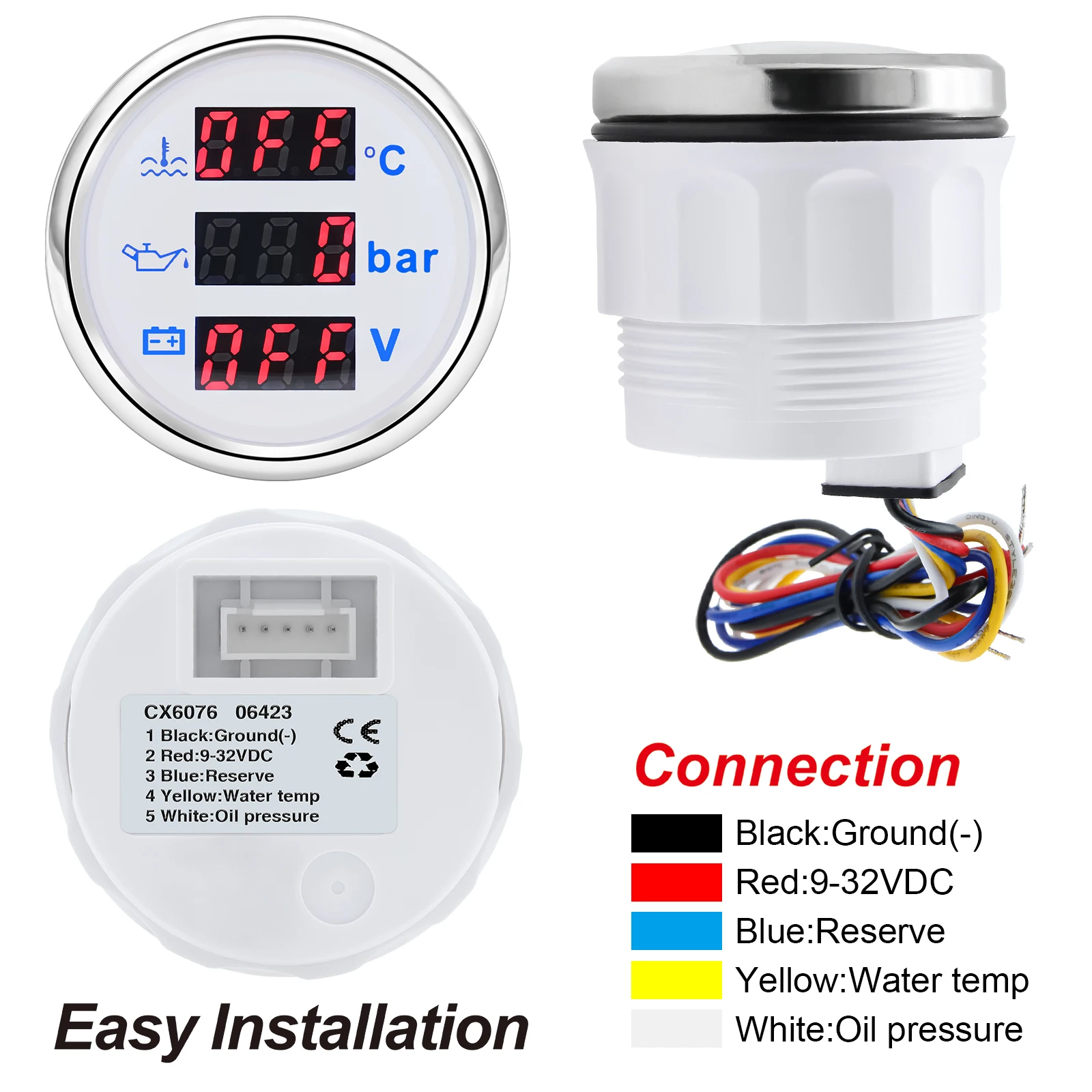 3-in-1 Digitalanzeige 52mm + Temperatursensor + Drucksensor 0~120 ℃ Wassertemperaturmesser + Öldruckmesser + Spannungsmesser mit Alarm – Detail 16