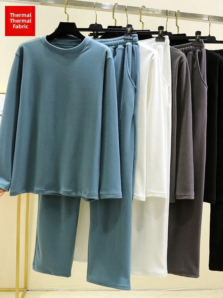 

Men's Thiened Warmth Velvet Set Long Sve Casual Loose Home Clothes Two-Piece Suit Winter Comfortable Soft round Ne Design