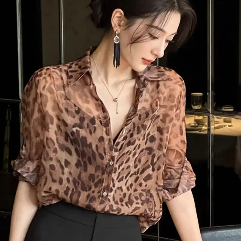 Women's French Leopard Print Sheer Chiffon Blouse Summer New High-End Thin Layer Sun Protection Top