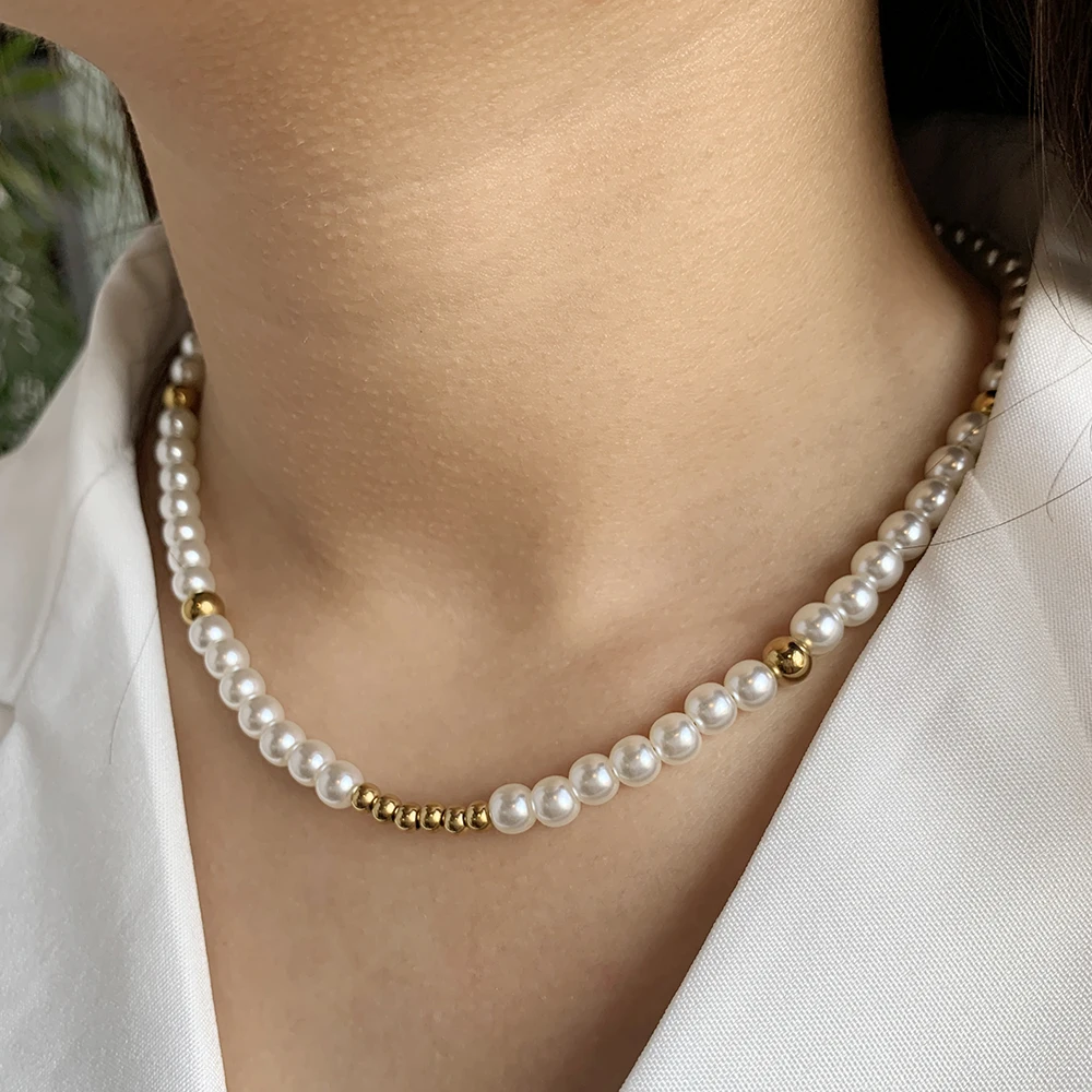 Bohemian Natural Stone Pearl Necklace Tiger Eye Stones Choker Stainless Steel Beads Adjustable Extend Chain Vintage Jewelry Gift