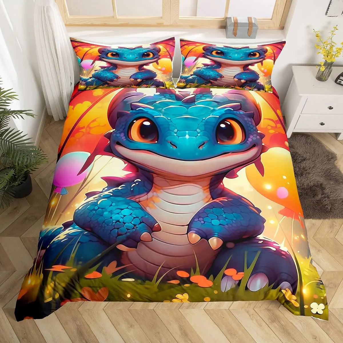 Cute Dragon Comforter Cover Single Size Kawaii Animal Bed Set With 1 Pillowcase Anime Colorful Balloon Toddler