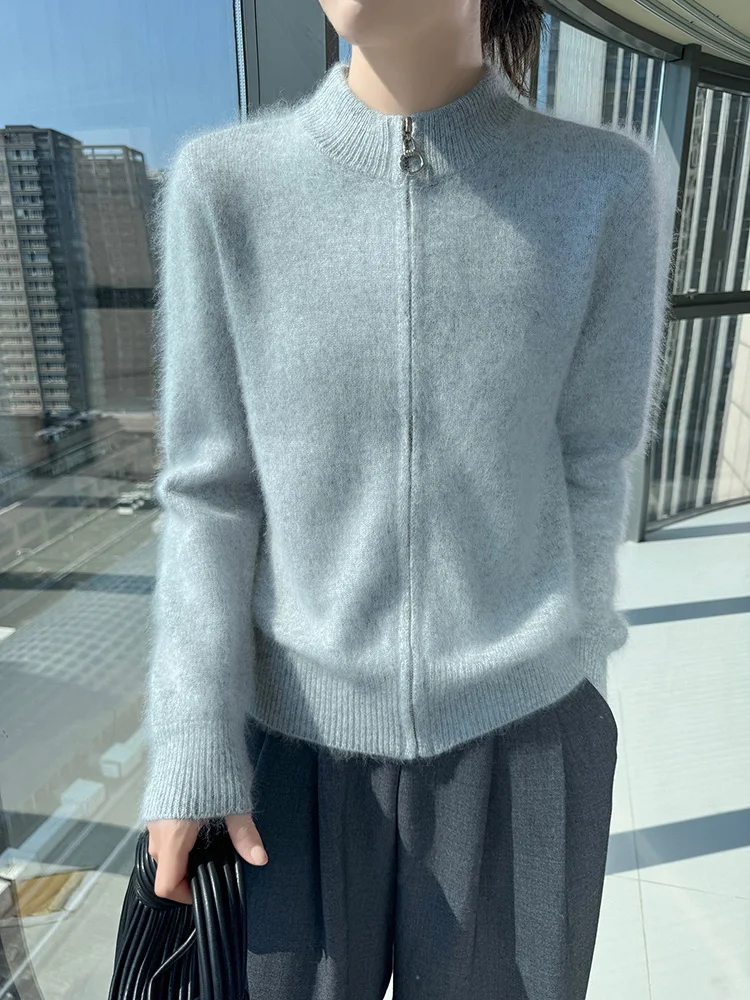 

TLOML Новый женский кашемировый свитер из 100% норки, кардиган на молнии с воротником-стойкой, осень-зима, мягкая теплая одежда, норковый кашемировый трикотаж, топ