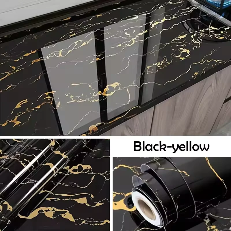 Self-Adhesive Black And Yellow Marble Textured Wallpaper Waterproof And Removable Suitable For Kitchen Furniture Renovation.
