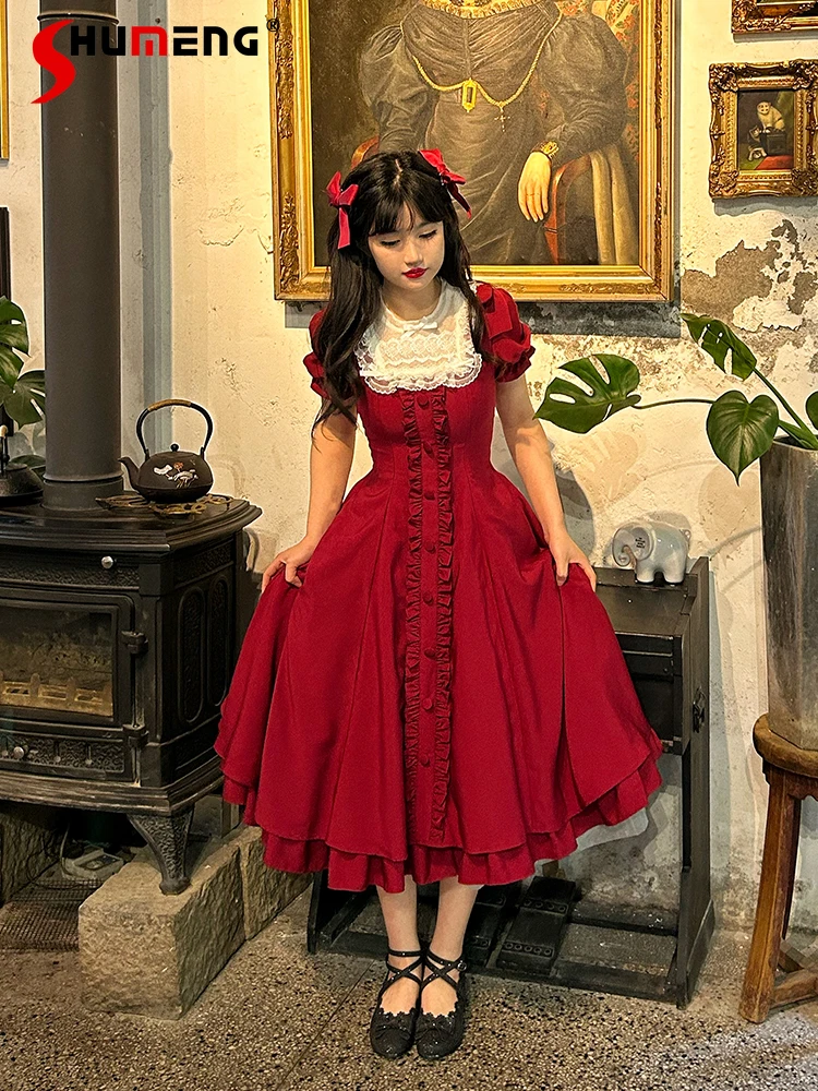 

Retro Classic Lolita OP Lace Stitching Collar Flared Short Ruffles Single Breasted High Waist Slim A-line Sweet Long Dress Women