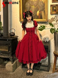 Retro Classic Lolita OP Lace Stitching Collar Flared Short Ruffles Single Breasted High Waist Slim A-line Sweet Long Dress Women