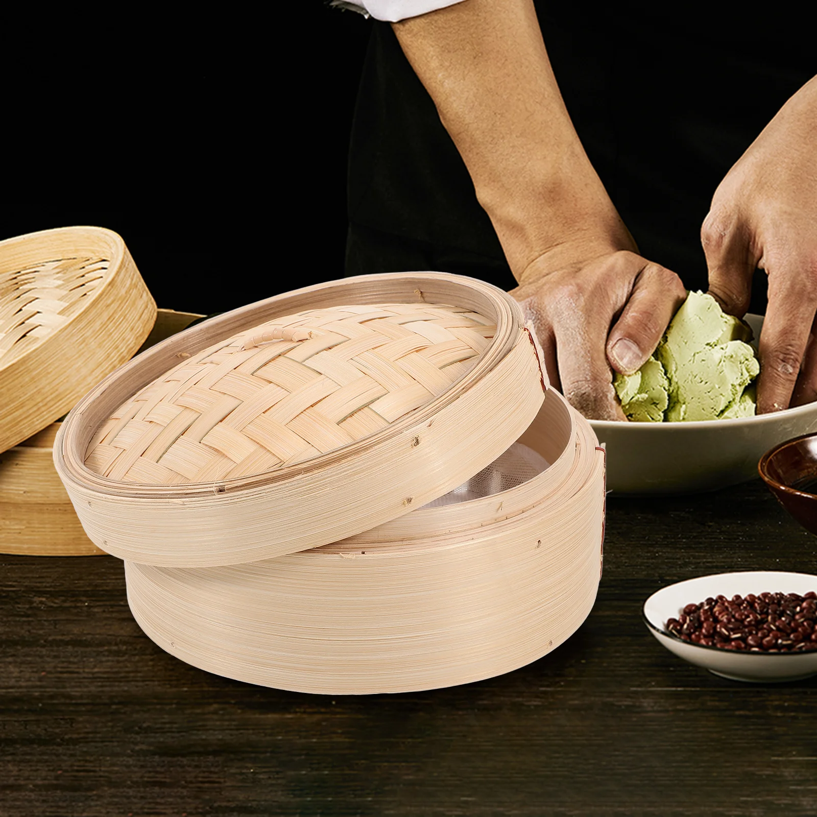 

2pcs 8 Inch Bamboo Steamers Handmade Chinese Dim Sum Cookers Steaming Tray For Vegetables Meat Fish Lotus Leaf Rice