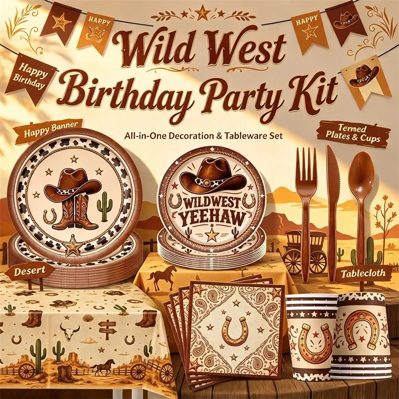 Cowboy Birthday Party Supplies Set, 7 9 Inch Paper Plates, Napkins Cups Tablecloth Banner Wild, West Rustic Theme Decoration Kit