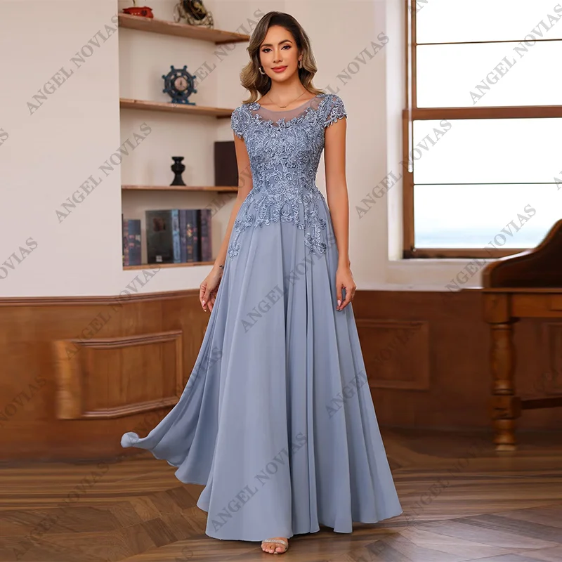 Customized Long Dusty Blue Mother of The Bride Dresses with Cap Sleeves Evening Dress Vestido Para Madre De La Novia 2024