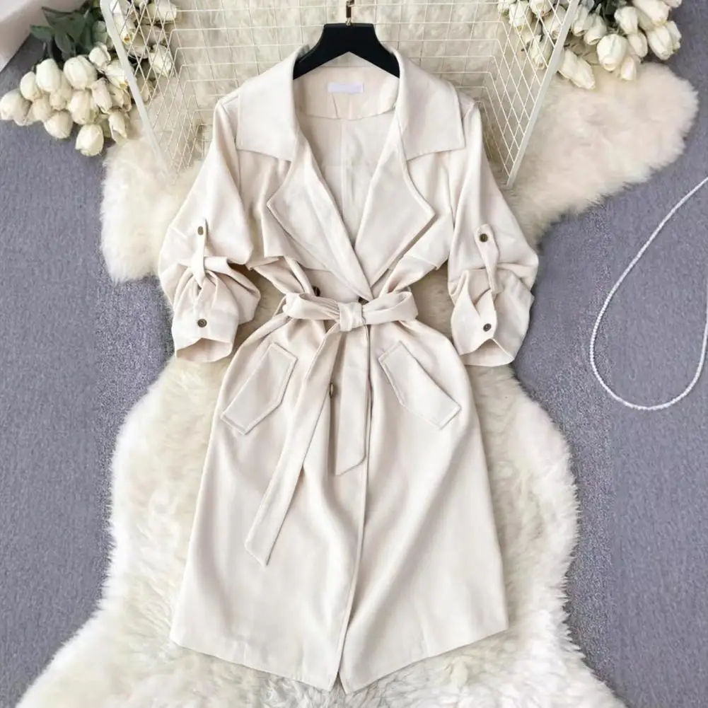 

Women Mini Dress Elegant Lace-up Overcoat Dress for Women with Turn-down Collar Cufflink Detail Stylish Fall Spring Coat with V