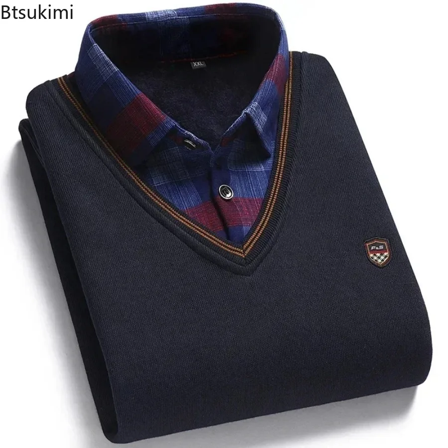 2024 autunno inverno uomo falso due maglione lavorato a maglia moda peluche addensato ricamato colletto della camicia Pullover maschile solido caldo top