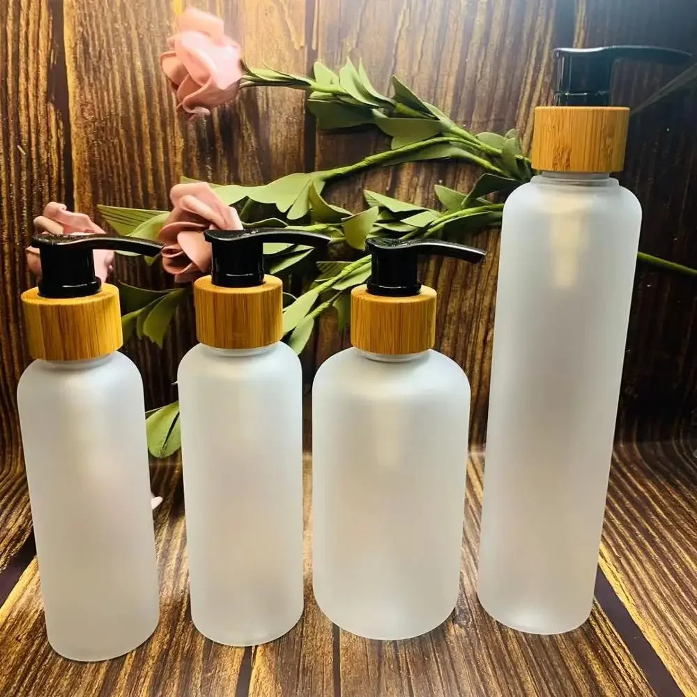 

Plastic Shampo Bottle Liquid Packaging Container empty spray bottle Lotion Pump With Nozzle Bamboo Wooden Lid for Shampoo Bottle