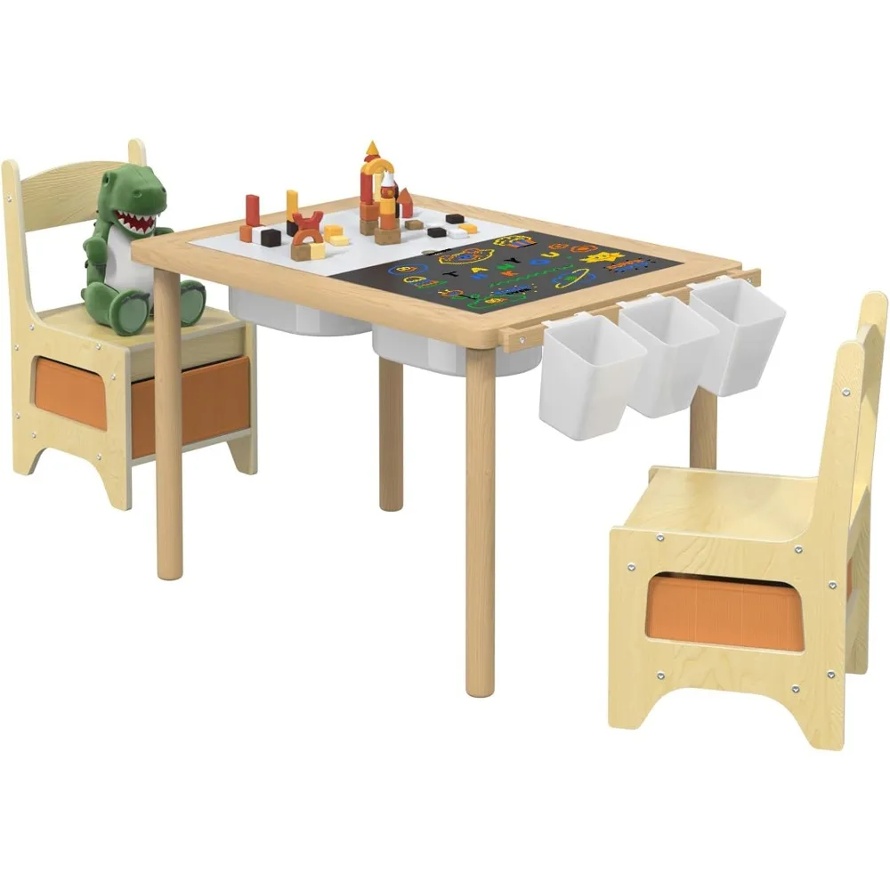 Pine Wood Toddler Table and Chair Set, Sensory Kids Table with Stroage & Graffiti Desktop Activity Table for Eat, Craft